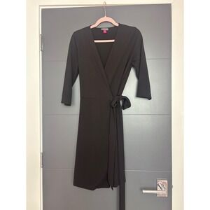 Vince Camuto Black 3/4 Sleeve Wrap Dress Tie Waist Midi Size S